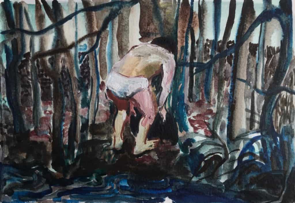 Alice Macdonald, River Crossing, 2021, Watercolour and acrylic on paper, 20 x 15cm, Janet Rady Fine Art