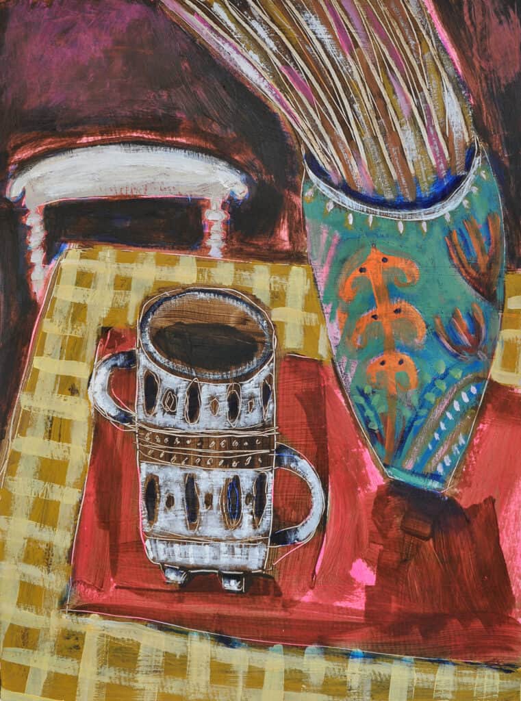 Kerry Louise Bennett, New Vase, Old Vase, 2022, Acrylic on watercolour paper, 26.5x36cm, Janet Rady Fine Art