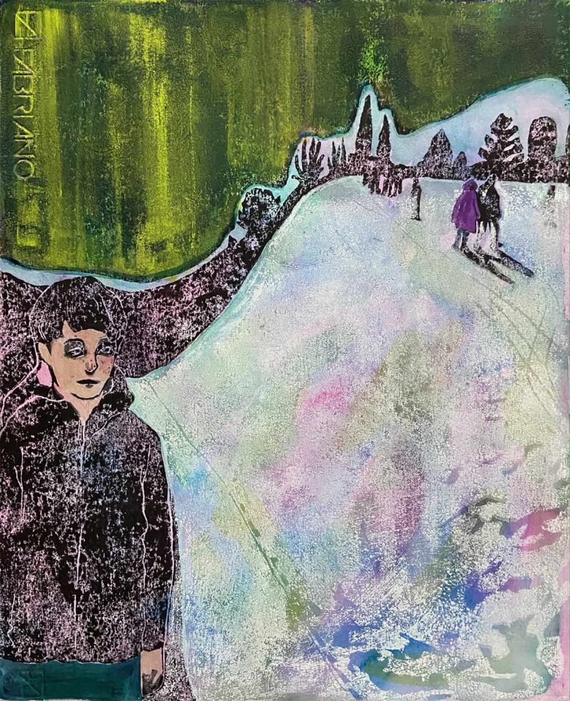 Koshiro Akiyama, The Snow At Night, 2021, Hand coloured linocut, 30.4x37cm, Janet Rady Fine Art