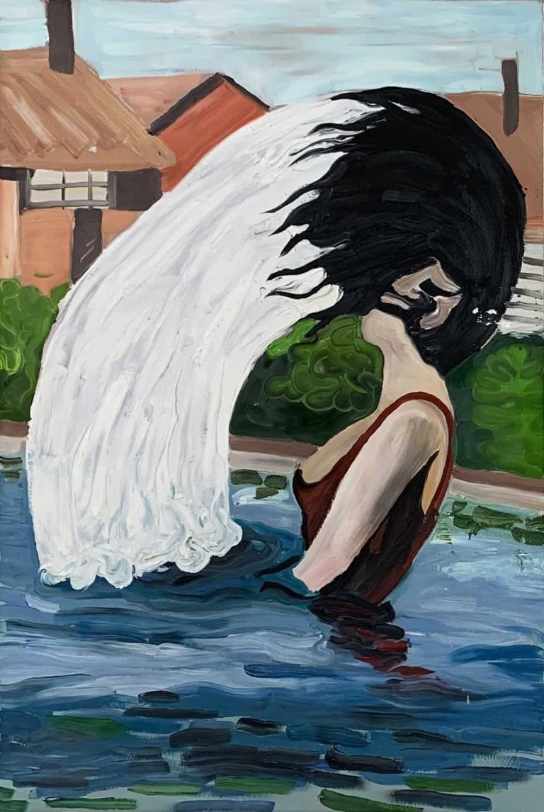 Yann Leto, The Swimming Pool, 2021, Oil on paper, 70x50cm Janet Rady Fine Art