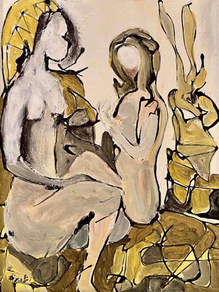 Nadira Azzouz Teaching Her, 2016 Mixed media on canvas 40x30cm Janet Rady Fine Art