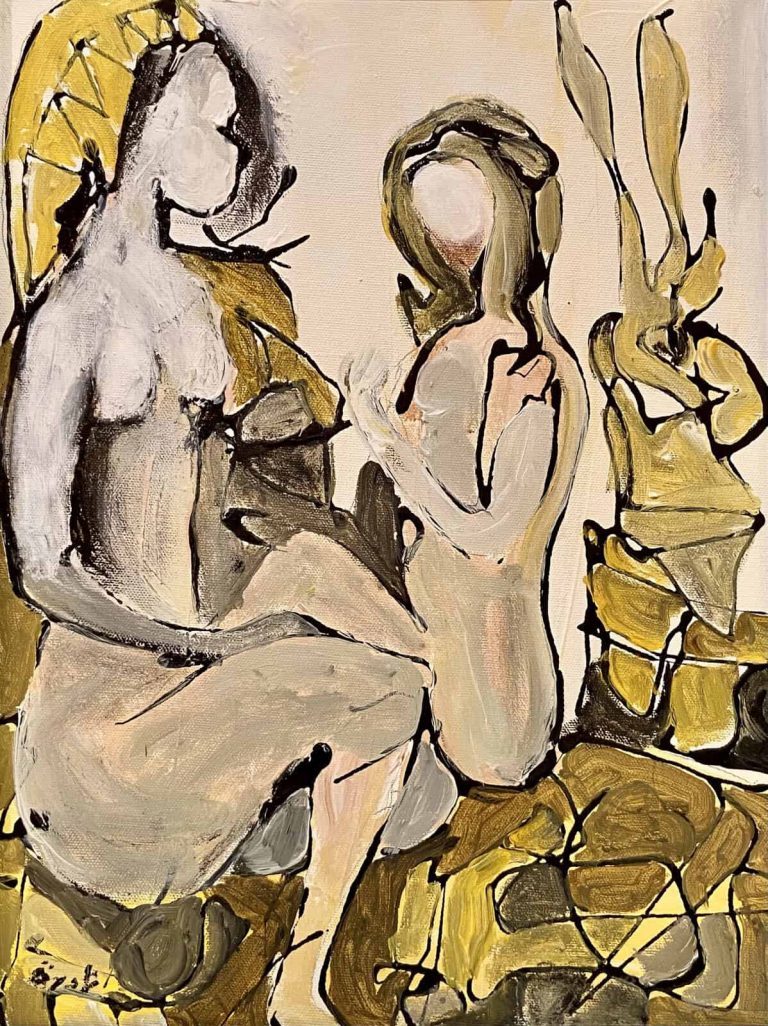 Nadira Azzouz Teaching Her, 2016 Mixed media on canvas 40x30cm Janet Rady Fine Art