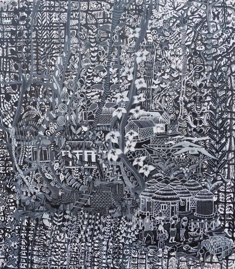 Muramuzi JohnBosco, Village of Flowers, 2022, Acrylic on canvas, 80x70cm Janet Rady Fine Art