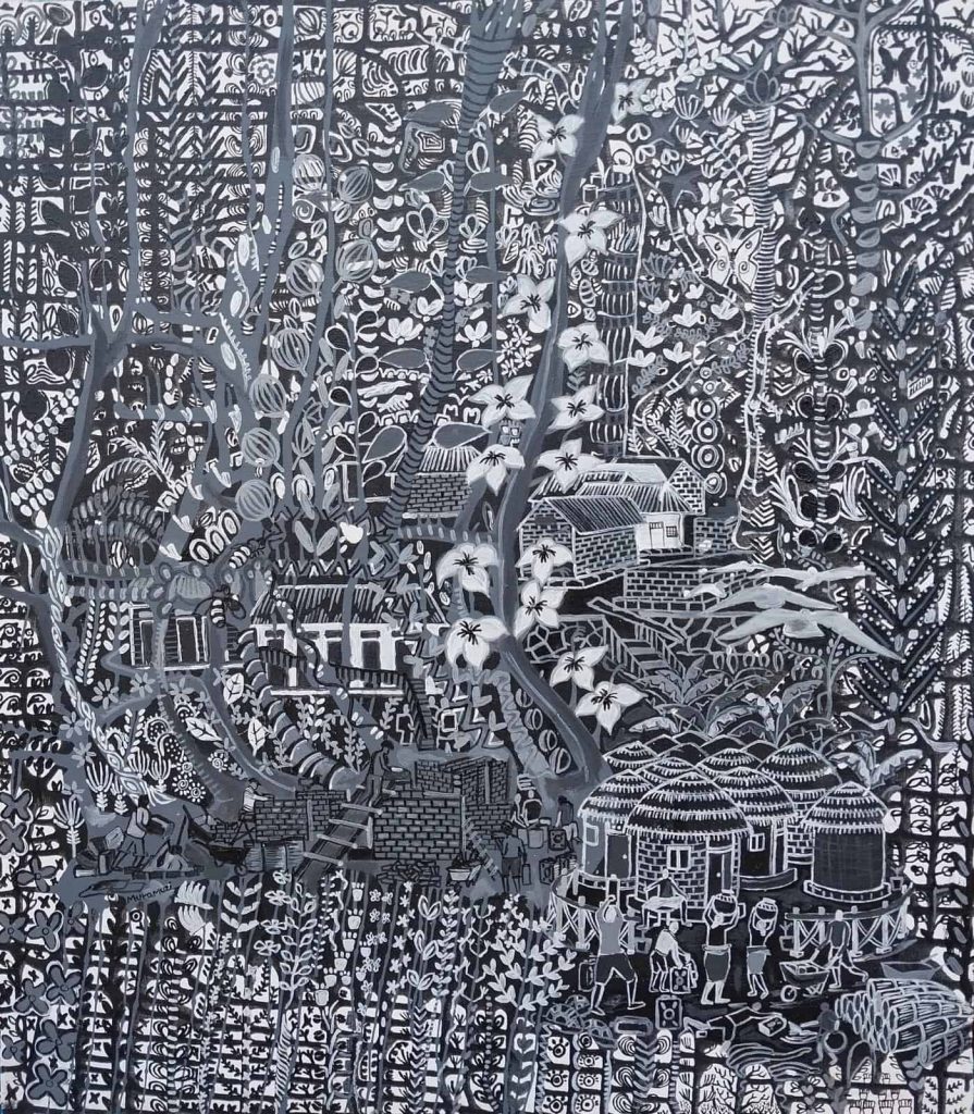 Muramuzi JohnBosco, Village of Flowers, 2022, Acrylic on canvas, 80x70cm Janet Rady Fine Art