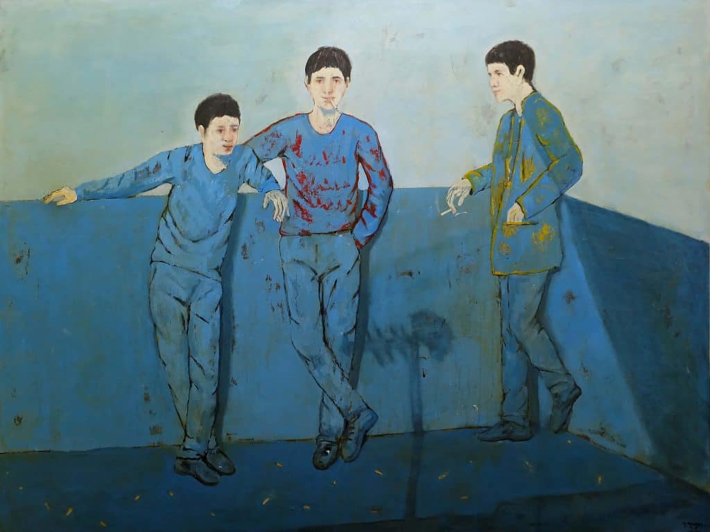 Shadi Abousada, A Smoke on a Rooftop, 2021, Mixed media on canvas 150x200cm Janet Rady Fine Art