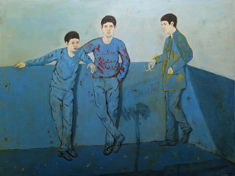 Shadi Abousada, A Smoke on a Rooftop, 2021, Mixed media on canvas 150x200cm Janet Rady Fine Art