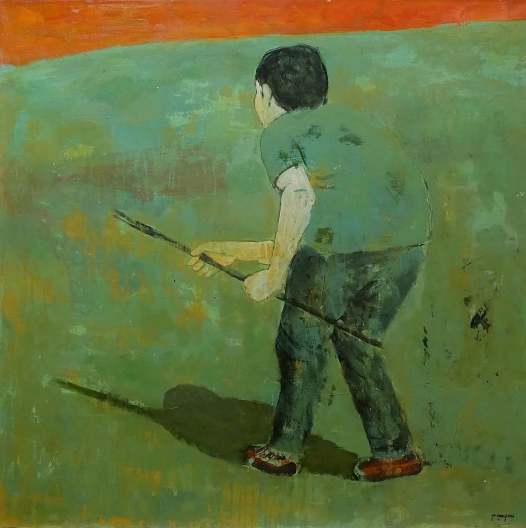 Shadi Abousada Following My Shadow, 2021, Mixed media on canvas, 100x100cm Janet Rady Fine Art