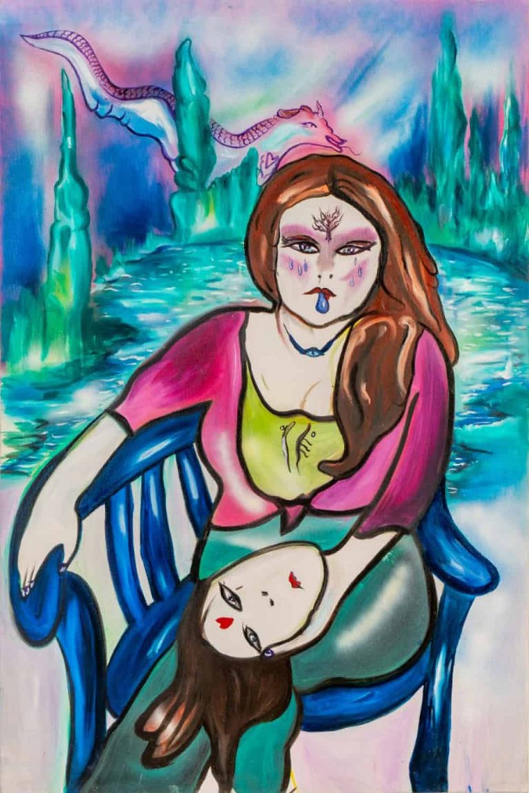 Shaqayeq Ahmadian, The Hidden Mystery, 2022, Oil and spray piant on canvas, 150x100cm Janet Rady Fine Art