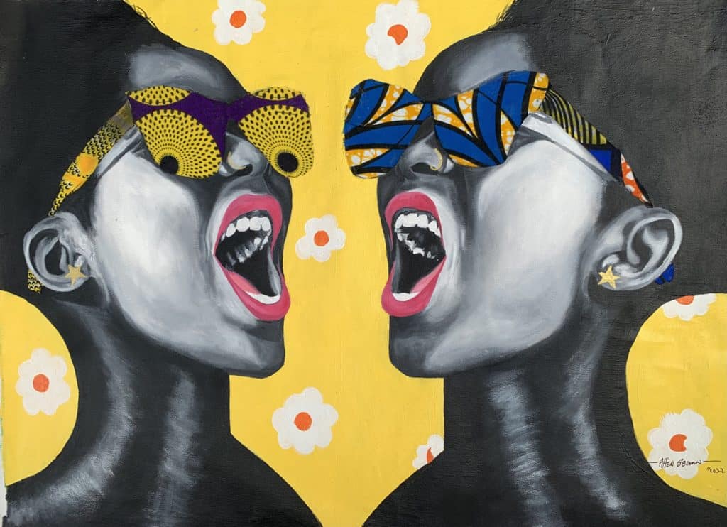 Affen Segun, Soro Sake (Say It Out Loud), 2022, Acrylic and ankara fabric on canvas, 48 x 60 cm Janet Rady Fine Art