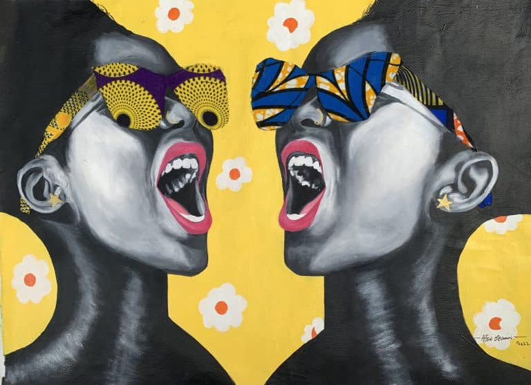 Affen Segun, Soro Sake (Say It Out Loud), 2022, Acrylic and ankara fabric on canvas, 48 x 60 cm Janet Rady Fine Art