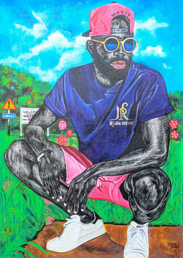 Moses Mous, Welcome to Mboko, 2022, Acrylic and razor scratches on canvas Janet Rady Fine Art